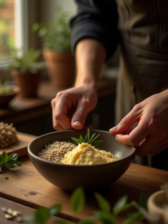 Vue de l'atelier parisien avec des mains d'artisan mélangeant des ingrédients naturels dans un bol.